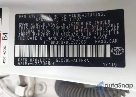 2008 Toyota Avalon Limited z USA, uszkodzony, nr VIN 4T1BK36BX8U267885